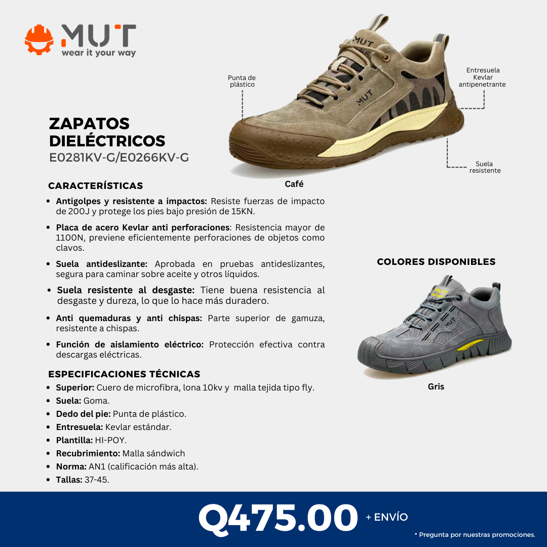 Zapatos Dieléctricos MUT de seguridad industrial aislan hasta 10,000 voltios