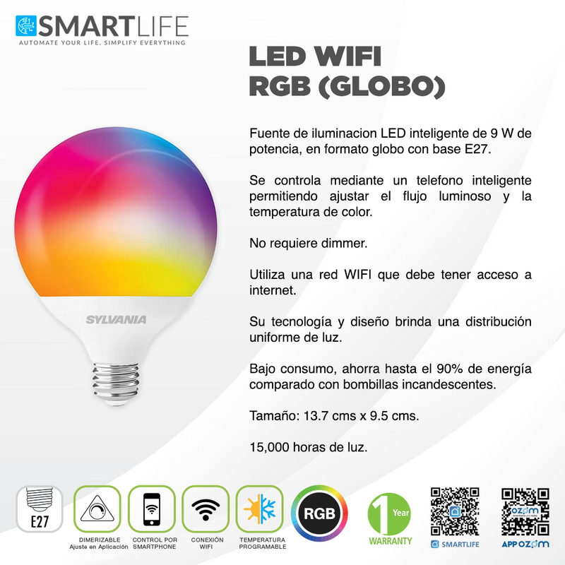 SYLVANIA LED TOLEDO WIFI GLOBO RGB - SmartLife Guatemala